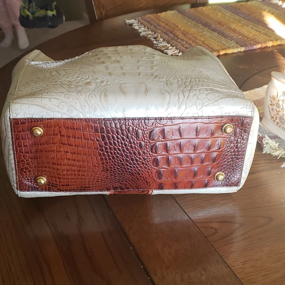 Brahmin Cream Tote with Brown Croc-Embossed Trim